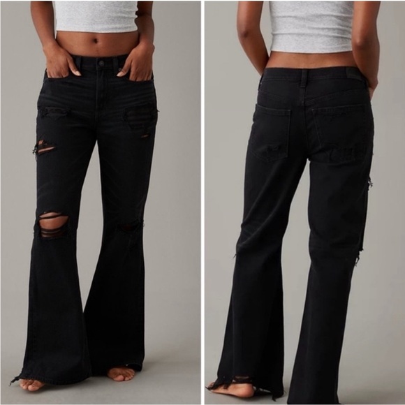 NWT American Eagle Dreamy Drape Low Rise Baggy Flare Jeans Black 2 - Picture 1 of 6